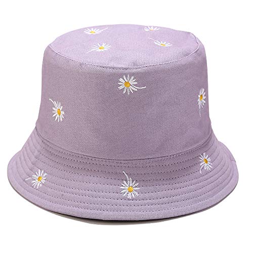 Womens Embroidered Daisy Bucket Hat Reversible Packable Beach Sun Hat - color: Daisy Purple/Plain Purple