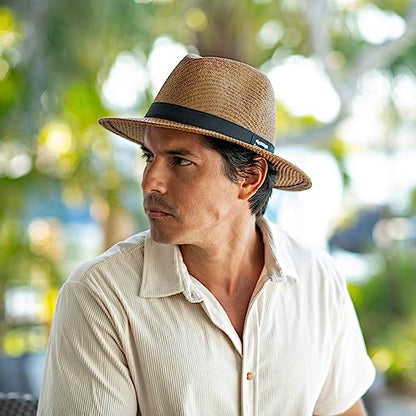 Panama Jack Mens Safari Sun Hat - Matte Toyo Straw, UPF 50+ Sun Protection Fedora Sombrero - color: Brown, size: Large