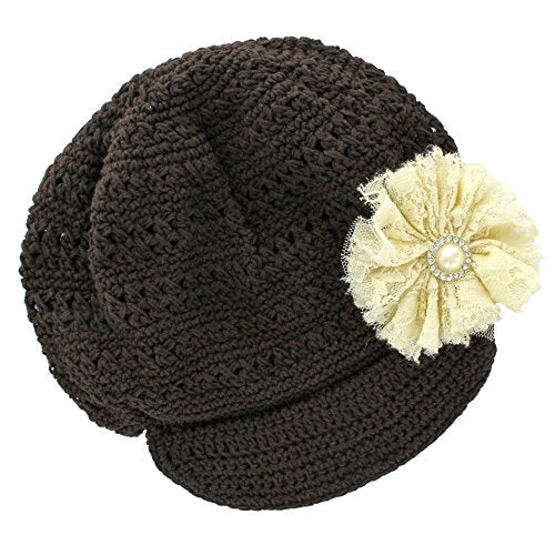 My Lello Little Girl's Newsboy Crochet Beanie Hat with Vintage Lace/Tulle Flower - color: Brown/Ivory, size: One Size