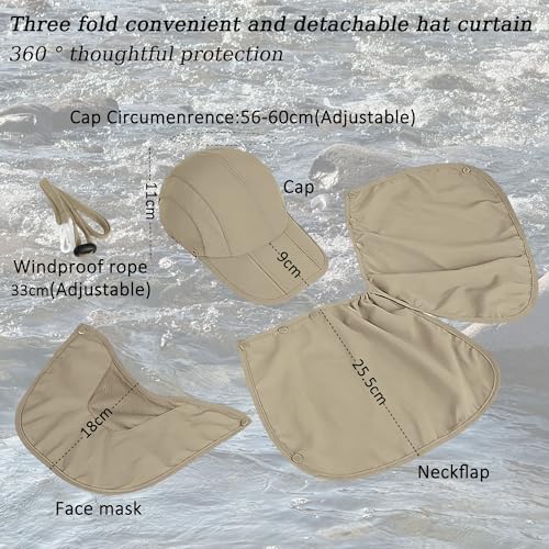 2Pack Men’s Foldable Sun Hat with Removable Face Mask & Neck Flap, UPF 50+ UV Protection, Quick-Drying Outdoor Fishing Cap - color: Light Grey+khaki