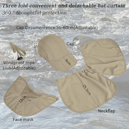 2Pack Men’s Foldable Sun Hat with Removable Face Mask & Neck Flap, UPF 50+ UV Protection, Quick-Drying Outdoor Fishing Cap - color: Light Grey+khaki