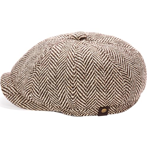 Men's Wool Newsboy Cap 8-Panel Tweed Taxi Hat Herringbone Gatsby Flat Hats - color: Coffee