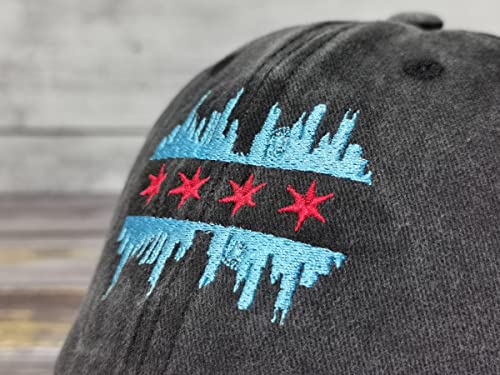 America State City Flag Hats - color: Chicago Illinois Skyline Flag (Washed Black)