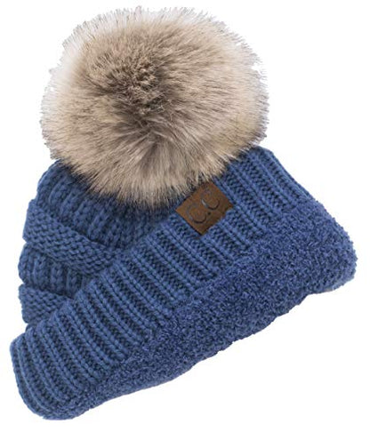C.C Trendy Fuzzy Fleece Lined Warm Comfortable Soft Stretch Cable Knit Ribbed Faux Fur Pom Pom Beanie Hat - color: Dark Denim Blue