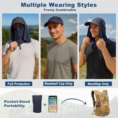 Surblue Baseball Sun Cap with Removable Neck Flap and Face Mask UPF 50+ - color: Deep Blue, size: Medium