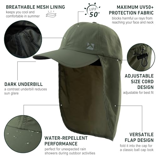 TOP-EX L/XL/XXL UV50+ Waterproof Neck Flap Baseball Sun Cap - color: Olive Green, size: Medium-Large