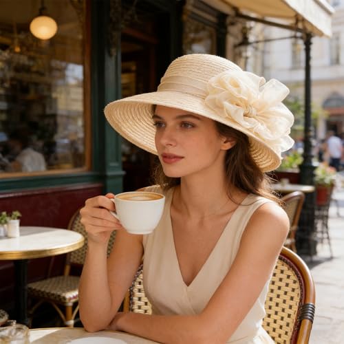 Women Kentucky Organza Derby Hat - Wide Brim Summer Sun Hat for Bridal Wedding Church Tea Party - color: Champagne