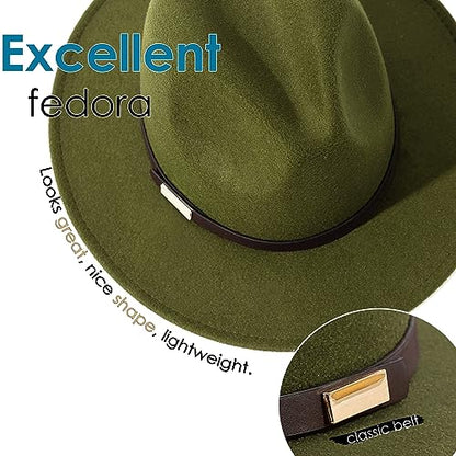 Fedora Hats for Men Wide Brim Panama Hat with Classic Belt - color: Oilve Green
