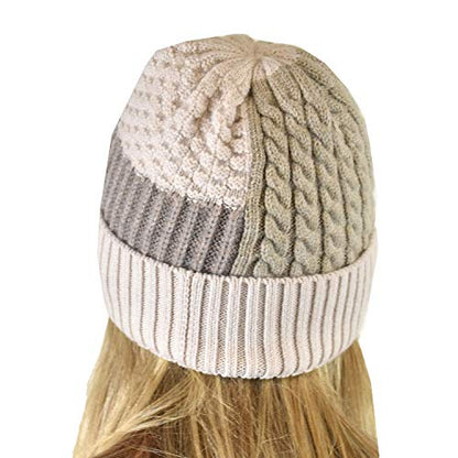 C.C Winter Warm Multi Knit Tricolor Skull Cap Cuff Beanie - color: Taupe/Beige