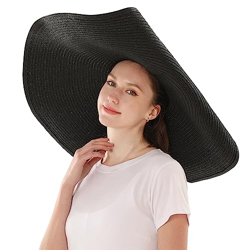 Oversized Beach Straw Sun Hats for Women Large Wide Brim Sun Visor Hat Summer Floppy Foldable Roll Up UV Protection Beach Cap - color: Black