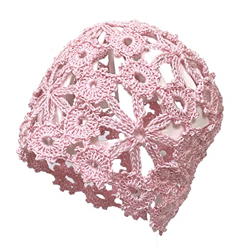Women Lace Crochet Beanie Hat Handmade Knitted Cutout Floral Skull Cap - color: Pink