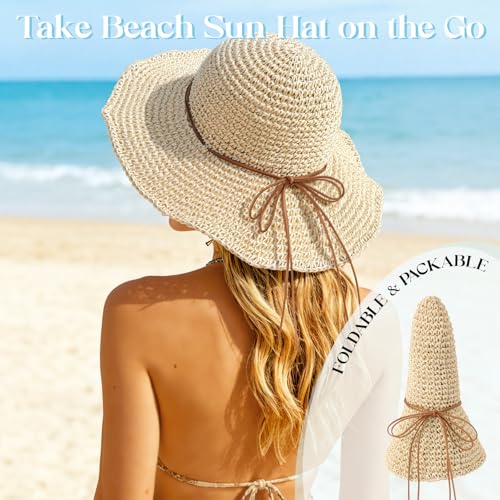 Beach Sun Straw Hats for Women Floppy Wide Brim UV Packable Summer - color: Beige