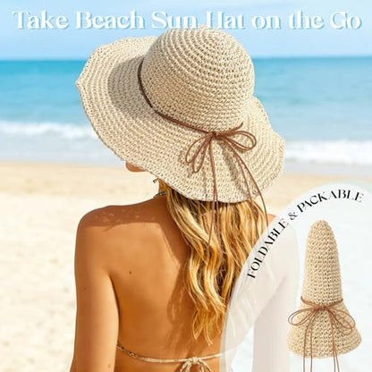 Beach Sun Straw Hats for Women Floppy Wide Brim UV Packable Summer - color: Beige