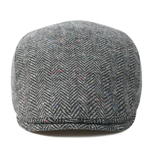 FEINION Men Wool Blend Flat Cap Tweed Newsboy Ivy Hat - color: Flecked Grey
