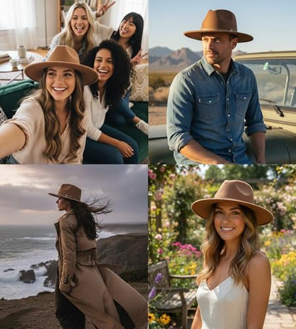 Lisianthus Women Classic Felt Fedora Wide Brim Hat with Belt Buckle - color: Khaki