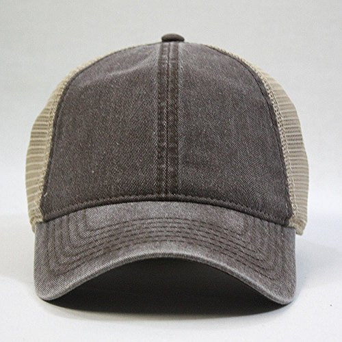 Vintage Washed Cotton Soft Mesh Adjustable Baseball Cap - color: Dk Brown/Dk Brown/Khaki