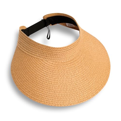 Fumwase Sun Visors for Women Foldable Straw Visor Beach Hat Uv Protection Wide Adjustable Cooling Summer Cap for Travel - color: Brown