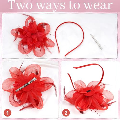 Fascinators Hats with Lace Gloves for Women Headband for Tea Party Wedding - color: Red