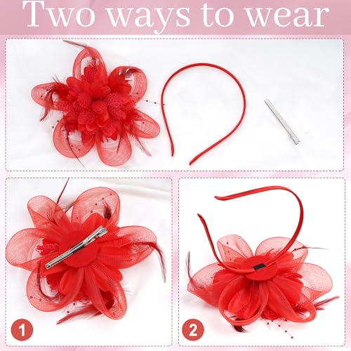 Fascinators Hats with Lace Gloves for Women Headband for Tea Party Wedding - color: Red