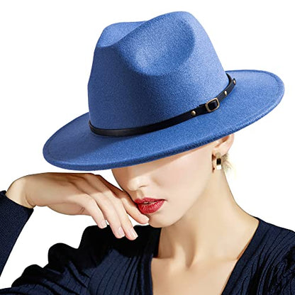 Felt Wide Brim Fedora Hats for Women Men, with Band Belt Buckle, Adjustable - color: P09 Blue