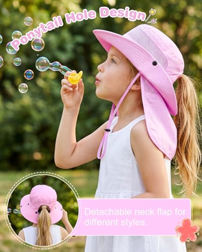 Century Star Kids Sun Hat with Ponytail Hole & Detachable Neck Flap UPF50+ Quick Dry Girls Bucket Hat for Outdoor Beach - color: Light Purple