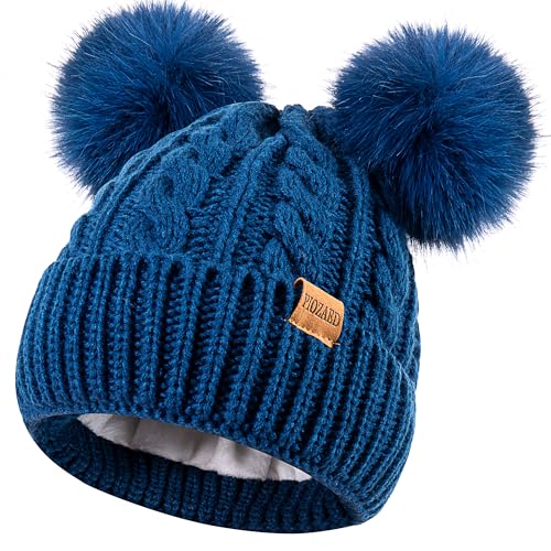 Women's Winter Hat Soft Knit Beanie with Faux Fur Pom Hat with Warm Fleece Lining Skull Cap for Women - color: Blue