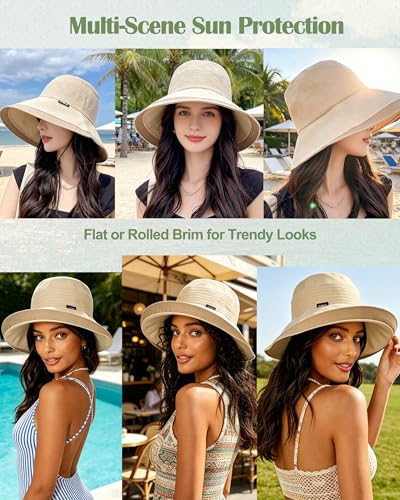 Women UPF50+ Wide Brim Bucket Sun Hat Wired Edge Adjustable Chin Strap - color: Beige