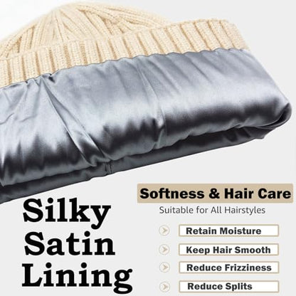 ROYBENS Womens Satin Lined Beanie for Men Wool Knit Cuffed Warm Winter Hats - color: 2pcs (Beige+black)