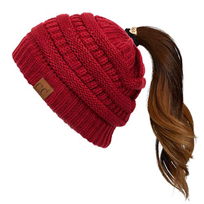 C.C Exclusives Soft Stretch Cable Knit Messy Bun Ponytail Beanie Winter Hat for Women (MB-20A) - color: Solid Burgundy