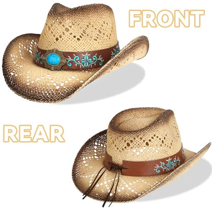 WQWOVRVO Cowboy Hat,Cowgirl Hat,Cowboy Hats for Women/Mens/Straw Wide with Shapeable Brim Western Cowboy Hat for Womens - color: Apricot & Coffee Color