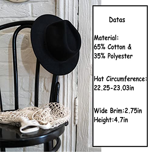 Lady Wide Brim Felt Fedora Panama Hat with Ring Belt - color: Black, size: Medium