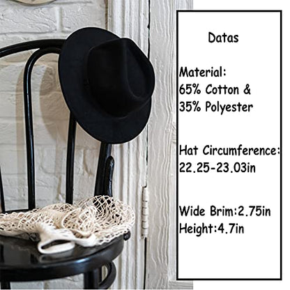 Lady Wide Brim Felt Fedora Panama Hat with Ring Belt - color: Black, size: Medium