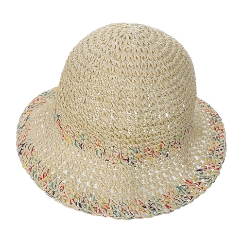 Womens Little Girls Summer Crochet Straw Bucket Hat Colorful Floppy Sun Shade Boonie Cap Wide Brim Beach Vacation Sun Hat - color: Beige, size: 2-5T