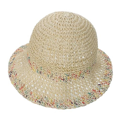 Womens Little Girls Summer Crochet Straw Bucket Hat Colorful Floppy Sun Shade Boonie Cap Wide Brim Beach Vacation Sun Hat - color: Beige, size: 2-5T