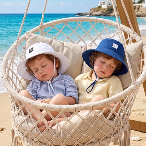 Kids Sun Hat Smile Face Bucket Hat Toddler Hat Wide Brim Adjustable Strap - color: White+blue, size: 3-8T