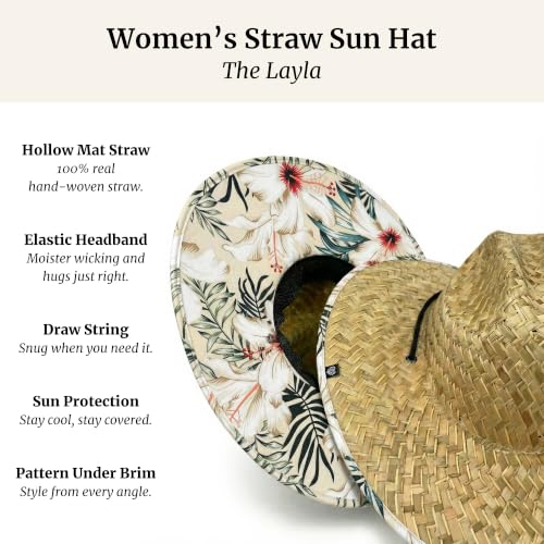 Women's Wide Brim Straw Sun Hat for Beach, Lifeguard Style, Hand-Woven Rush & Mat, Adjustable Chin Drawstring - color: The Layla