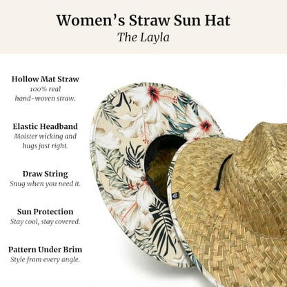 Women's Wide Brim Straw Sun Hat for Beach, Lifeguard Style, Hand-Woven Rush & Mat, Adjustable Chin Drawstring - color: The Layla