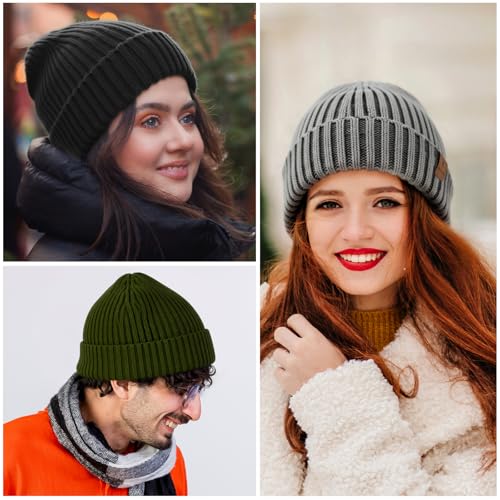HONGTEYA 3 Pack Winter Beanie for Men Women, Thicken Thermal Plush Lined Beanie Fashion Warm Knit Hat for Cold Weather - color: Black+gray+green