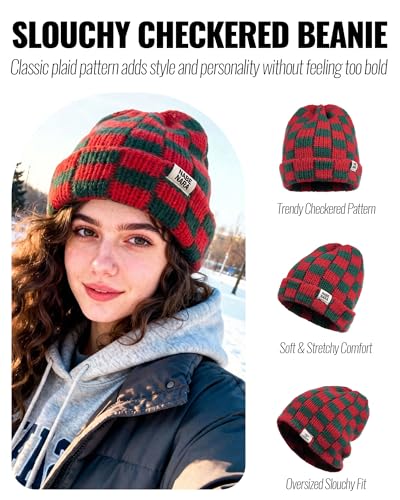 CLAPE Womens Cute Slouchy Beanies Hats, Winter Warm Chunky Checkered Beanie Large Cuff Knitted Hat Ski Cap for Cold Weather - color: Kh56-navy-yellow