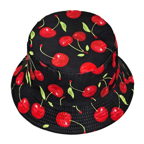 Printed Bucket Hat - Reversible Packable Summer Travel Beach Sun Cap for Men Women Teens - color: Black Red Cherry