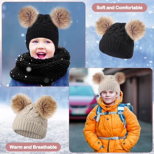 Geyoga 3 Pcs Winter Baby Beanies Double Pompom - color: Black, Light Pink, Khaki