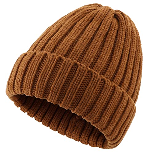 Connectyle Women's Rib Knit Cuffed Beanie Hat Stretch Acrylic Winter Hat Thick Warm Snow Ski Cap - color: Brown