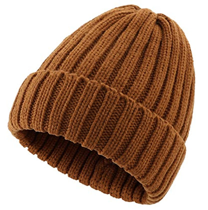 Connectyle Women's Rib Knit Cuffed Beanie Hat Stretch Acrylic Winter Hat Thick Warm Snow Ski Cap - color: Brown