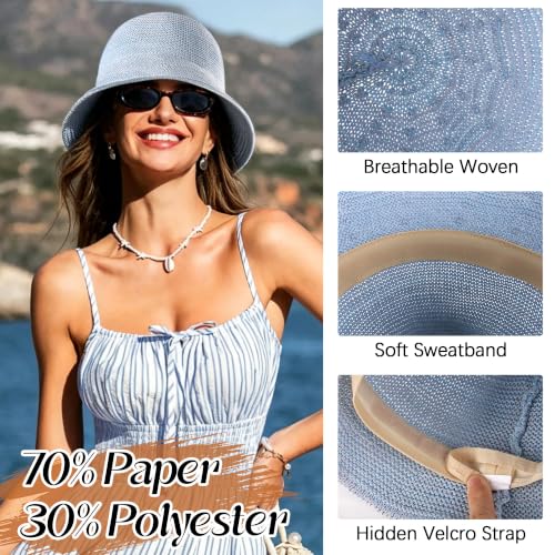 Babalet Summer Straw Beach Sun Hats for Women Packable Floppy Bucket Hat - color: Ice Blue