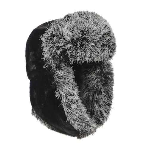 PURFUN Fuzzy Faux Fur Ushanka Russian Hat for Men Women, Winter Plush Full Hood Earflap Cap Cycling Ski Hunting Trapper Hat - color: Black