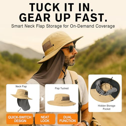 TOP-EX UVCoolix™ Men's Wide Brim Sun Hat with Cooling Neck Flap - color: Khaki, size: Large-X-Large