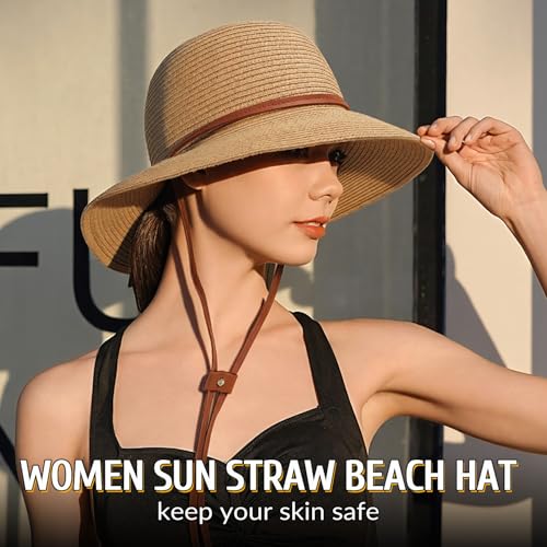 Beach Hat for Women, Wide Brim Sun Straw, UPF 50+ Foldable Floppy Sun Hat - color: B-10.5cm,khaki