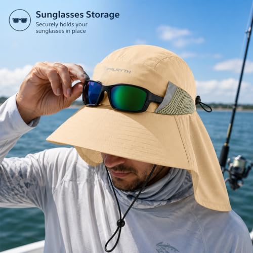 Palmyth Fishing Hat Wide Brim Sun Hat with Neck Flap & Sunglasses Storage - color: Khaki