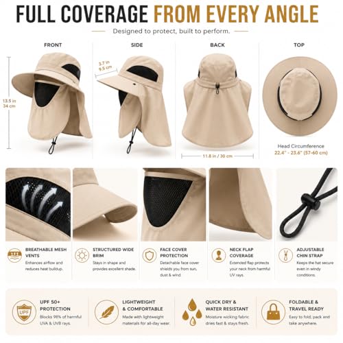 Sun Hat with Neck Flap and Face Cover, Wide Brim Fishing Hat with Mesh Ventilation, UPF 50+ UV Protection - color: Beige