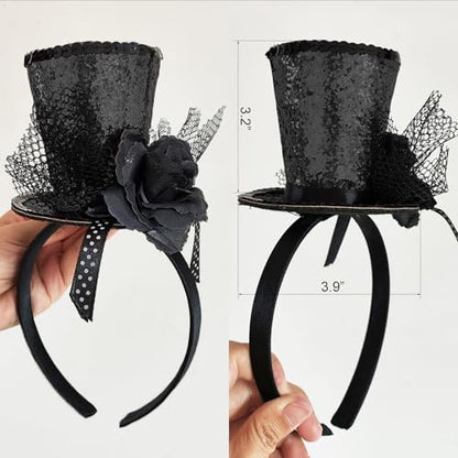WLBON Halloween Mini Top Hat Headband 1920s Flower Sequins Hair Hoops Bands Fascinator Headpiece Hairband Women Christmas Holiday Festival Parade Cosplay Dress Up Birthday Tea Party Accessories Black - color: Black Tone